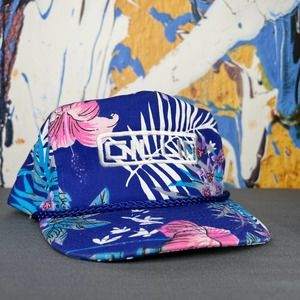 vtg '80s Gillig bus manufacturer vibrant colorful floral rope hat